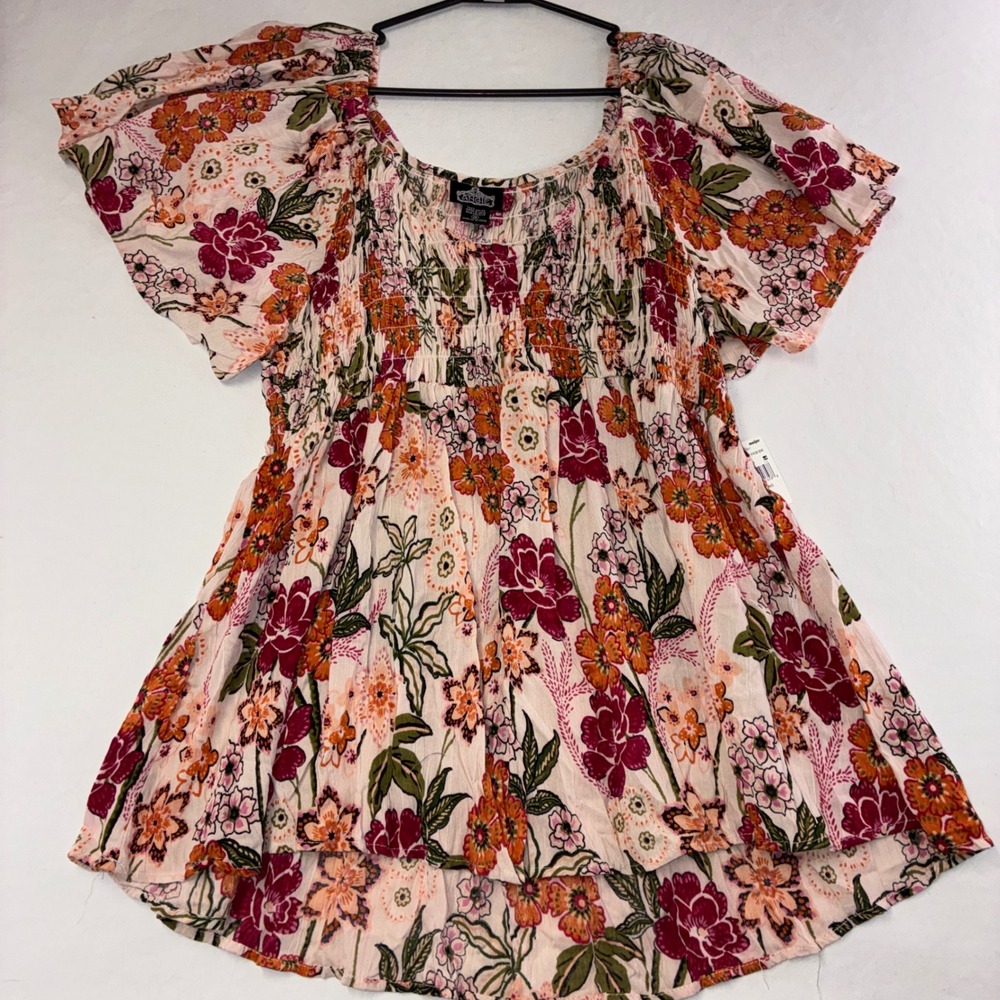431 Boho Angie Floral Smocked Blouse 1X Pink Orange High Low Flutter Sleeve NEW